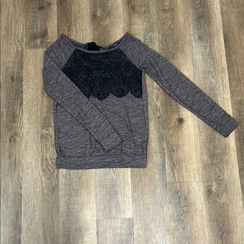 Maurices Gray Boxy Sweatshirt with Black Lace Overlay